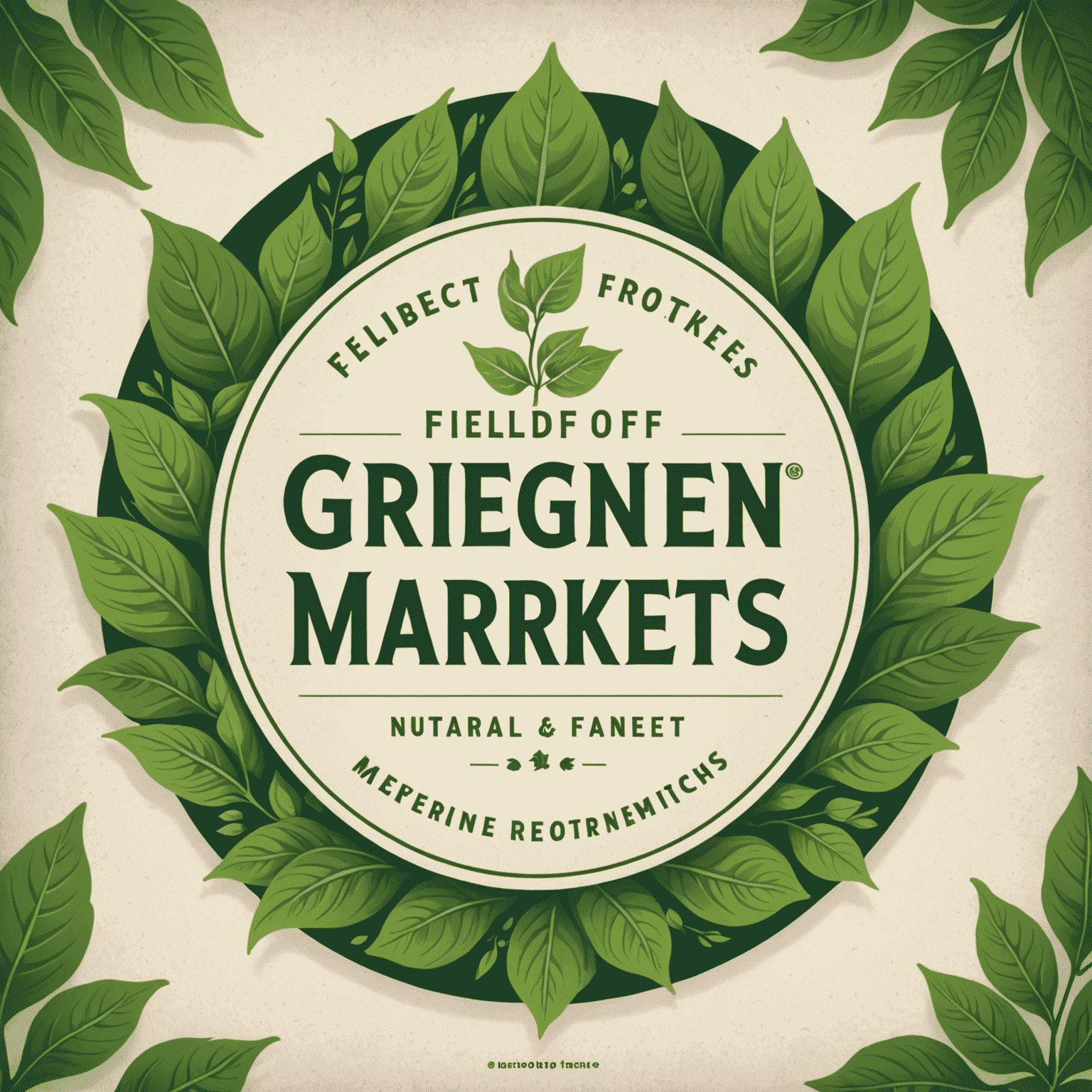 Fieldofgreensmarkets logosu - Yeşil yapraklar ve organik ürünler içeren şık bir tasarım