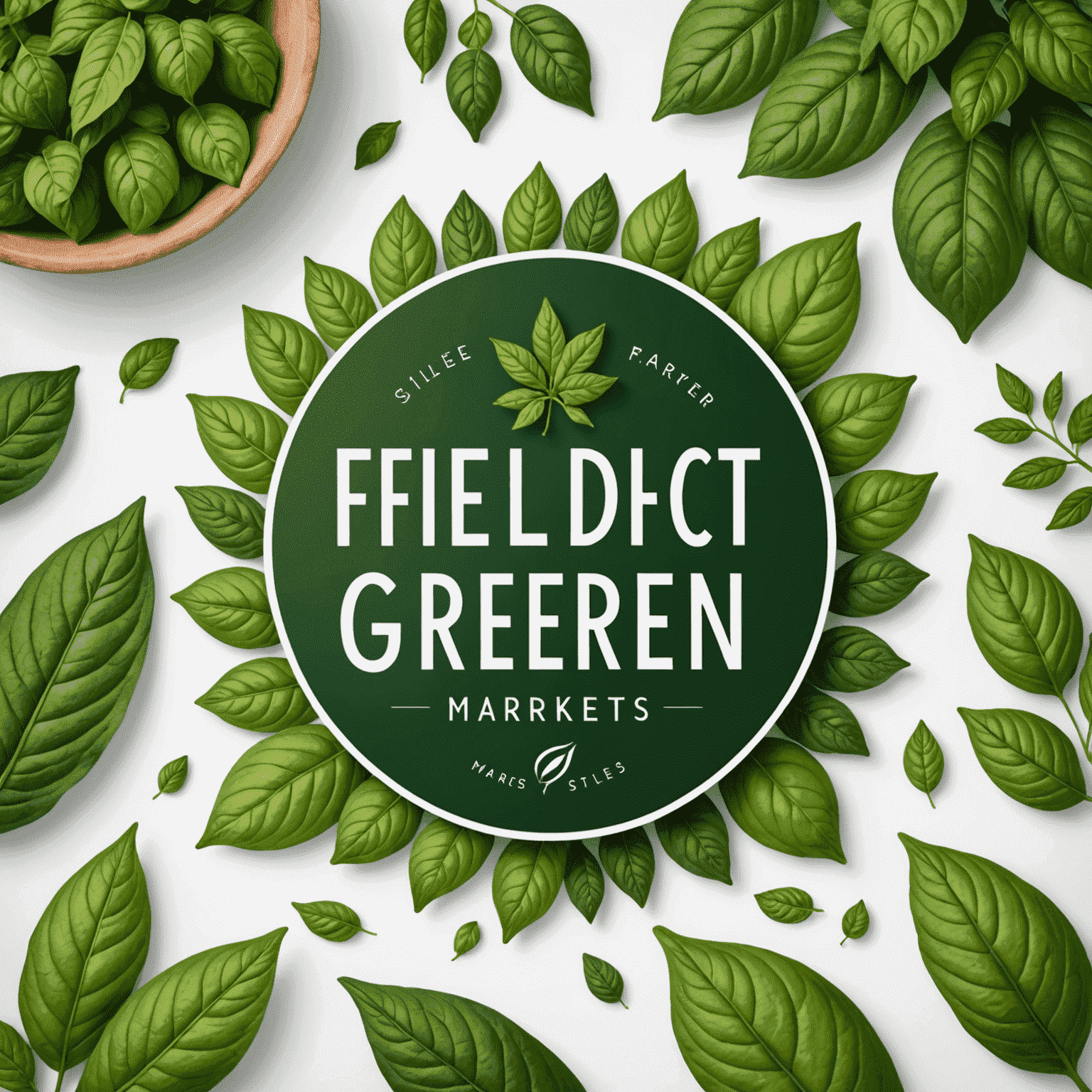 Fieldofgreensmarkets logosu - Yeşil yapraklar ve organik ürünler içeren şık bir tasarım