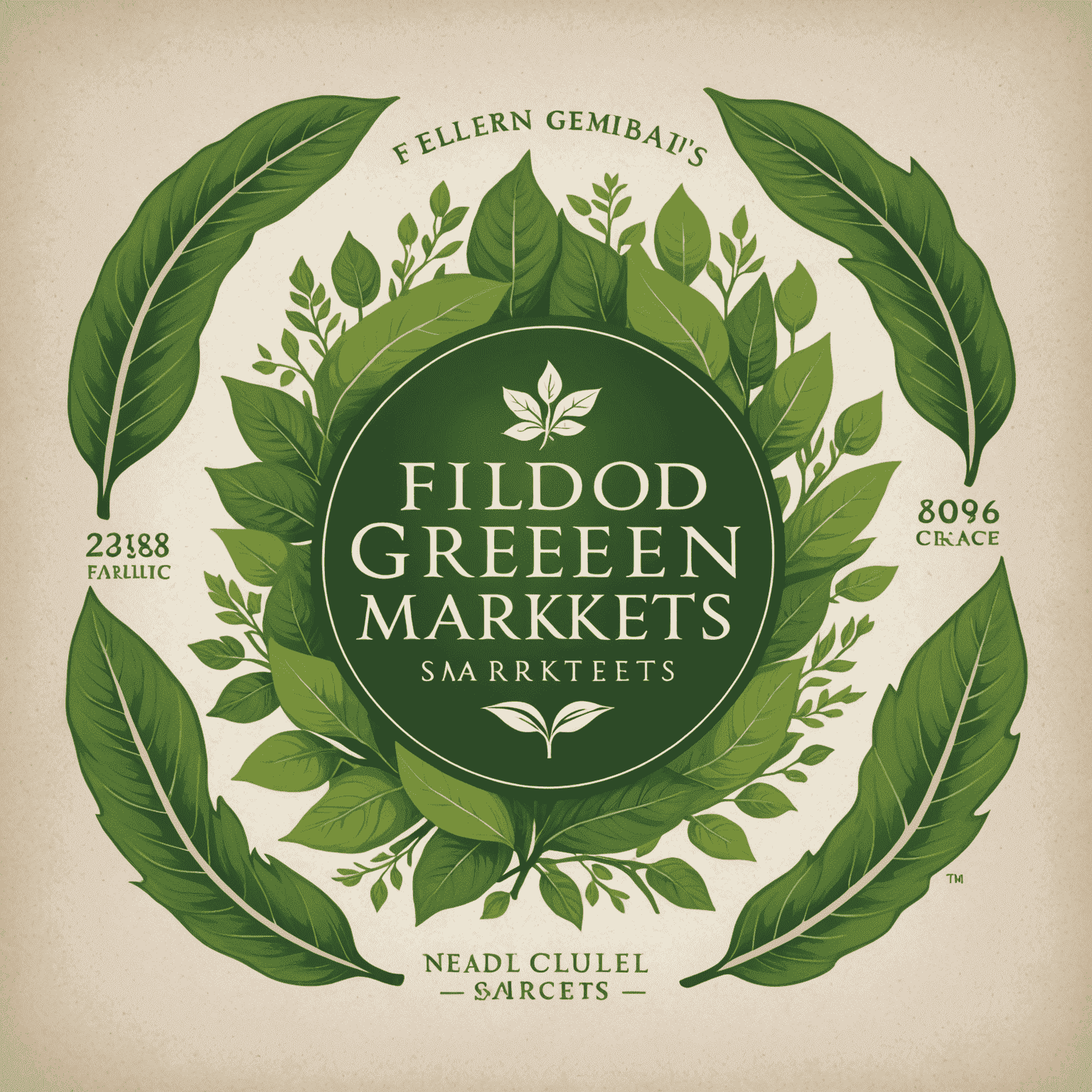 Fieldofgreensmarkets logosu - Yeşil yapraklar ve organik ürünler içeren şık bir tasarım