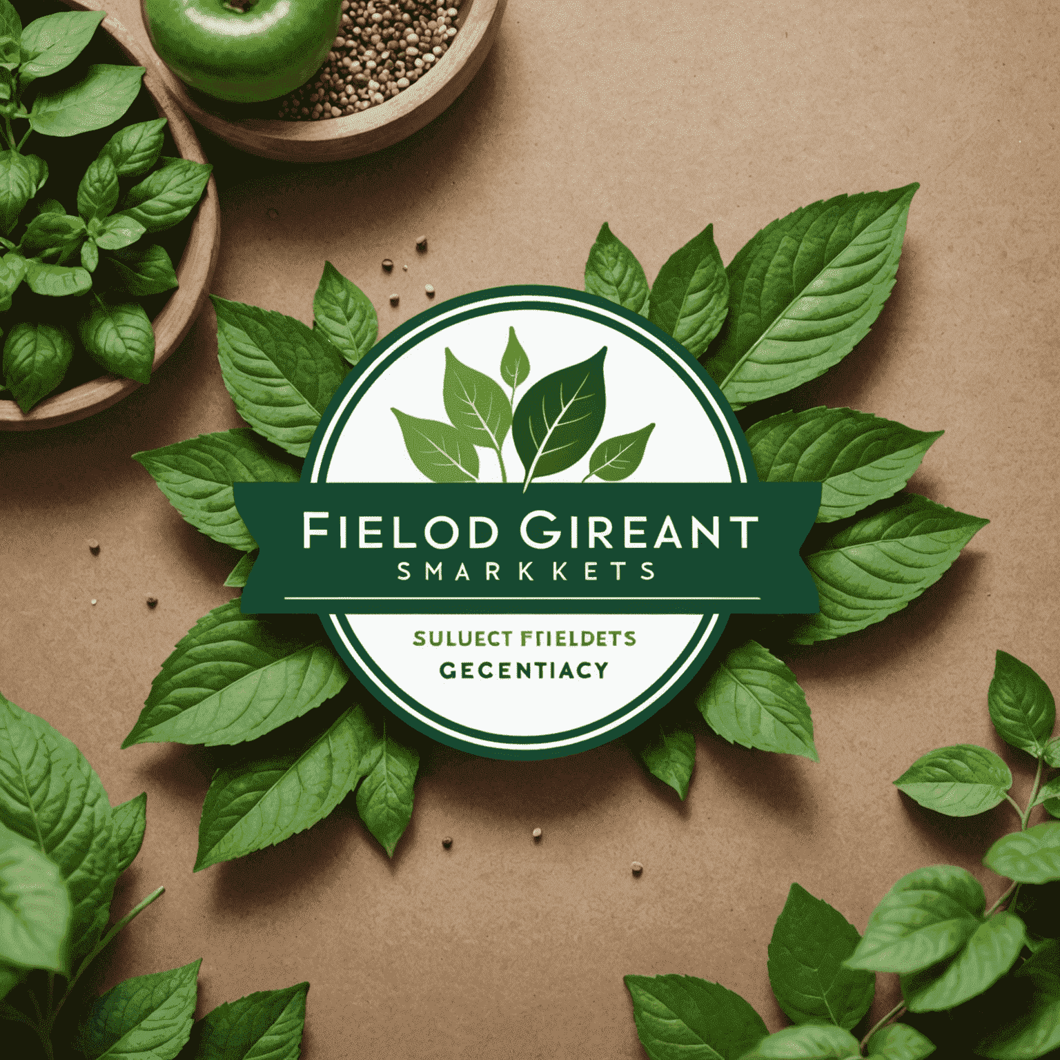 Fieldofgreensmarkets logosu - Yeşil yapraklar ve organik ürünler içeren şık bir tasarım